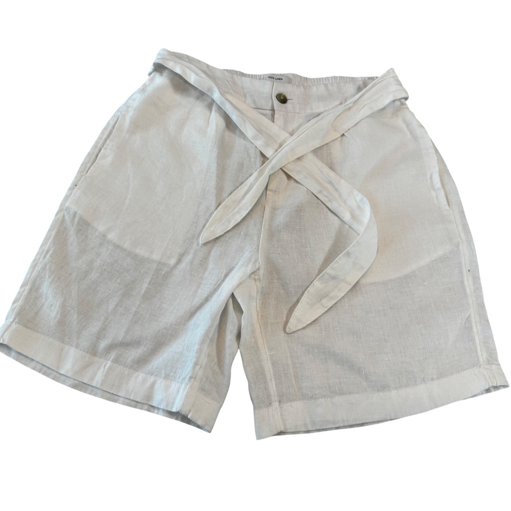 Halston White‎ 100% Linen Tie Waist Shorts Size Small High Rise Elastic Back